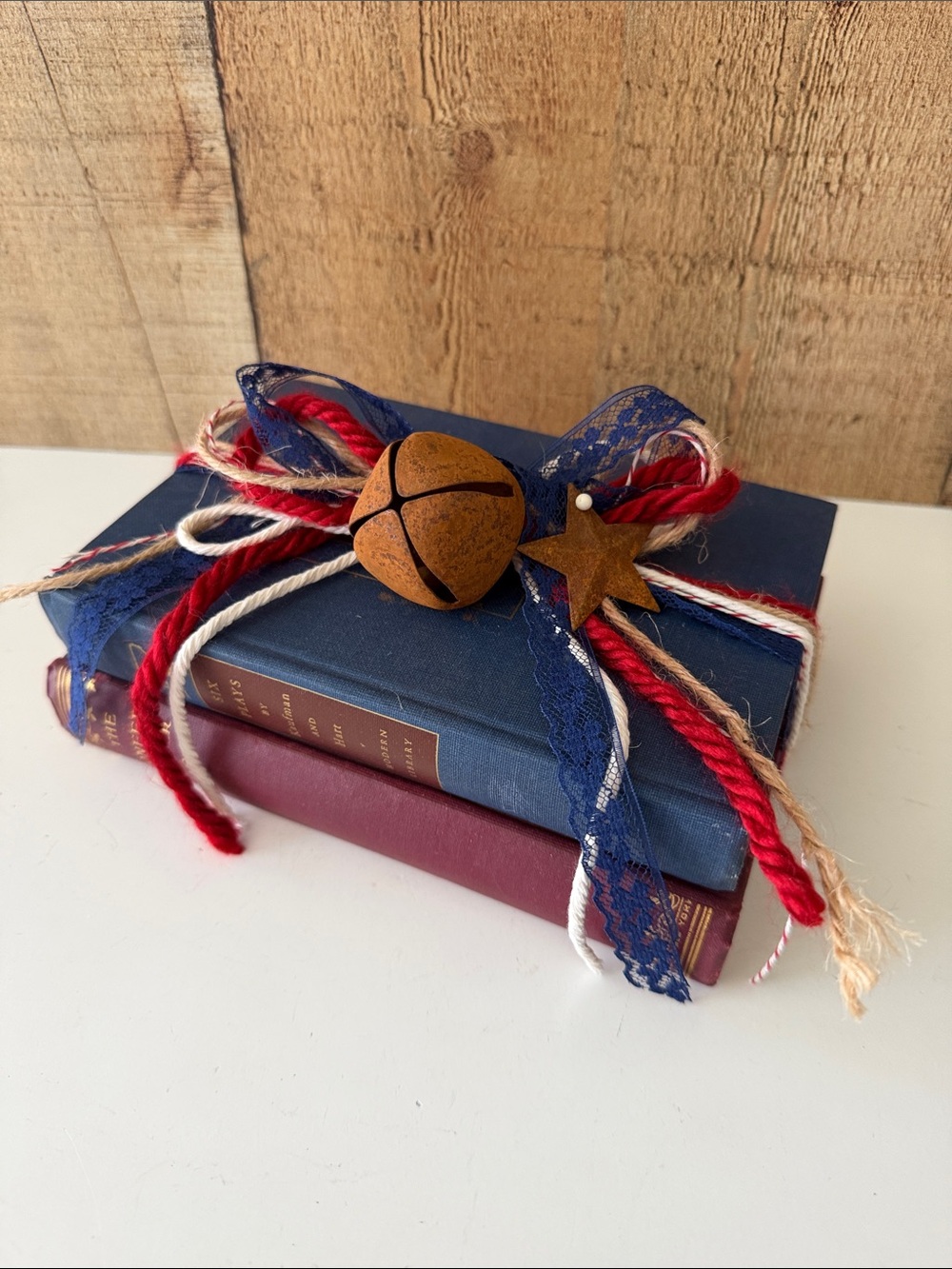 Americana Patriotic Book Stack Décor with Rusty Bell Accent